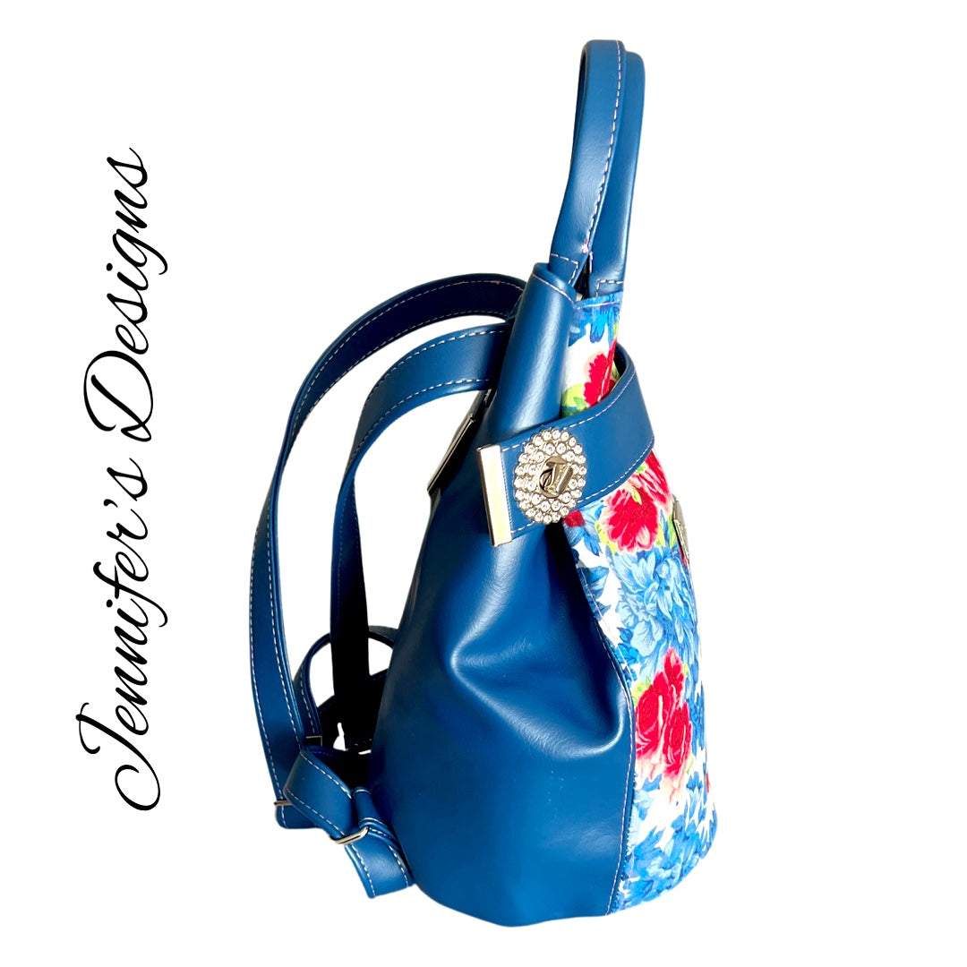 Blue Floral “Arianne” Bucket Backpack