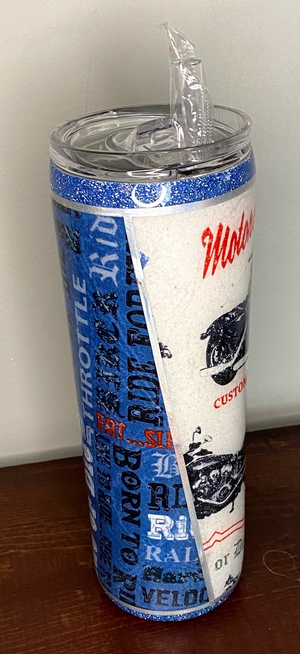 Blue/White Motorcycle Tumbler